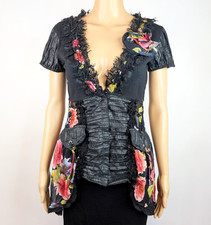 ZONE BLEUE France Vtg 90s Women Multicoloured Lace Sheer Floral Blouse Size 8 S