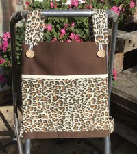 WALKING /ZIMMER FRAME BAG STRONG COTTON FABRIC 3 POCKETS BROWN /LEOPARD PRINT