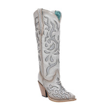 Corral Ladies White Embroidery & Glitter Inlay Pointed Toe Boot Z5352