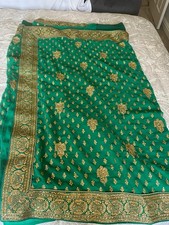 Green Sari with Gold Embroidery Work&Heavy Border, Perfect For Mendhi/weddings