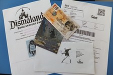 Banksy signed tenner & Dismaland stamp + Original postcard 2015 from WSM Lils102