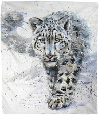 Throw Blanket, Watercolor Snow Leopard Animal Wildlife, Warm Soft Cozy Flannel