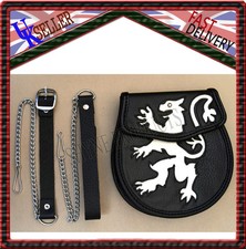 SEMI-DRESS SPORRAN LION RAMPANT WHITE CALF SKIN SLIVER STUD COWHIDE SPORRAN