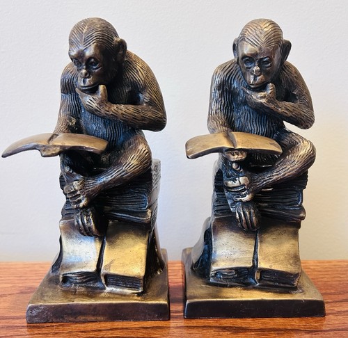 Pair bronze monkey reading - bronze,