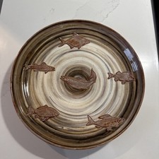 Wold Studio Pottery Yorkshire Hand Thrown Fish Design Charger Plate Signed RARE