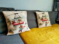 The Alpine Chalet Tapestry cushion, vintage world traveller bear cushions, 45x45