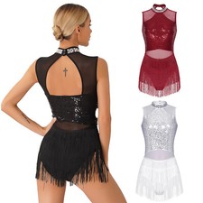Women's Sequin Fringed Leotard Tassels Latin Dance Dress Samba Ballroom Costumes