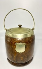 Antique Ice Bucket English Oak & Silver Plate Biscuit Barrel Ceramic Liner Pub
