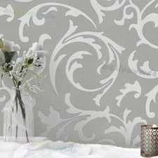Grey Floral Damask Wallpaper Silver Metallic Shimmer Textured Feature Wall 1-6X