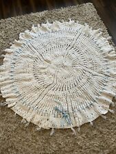 Baby Blanket, Round, Circle, Hand Knitted, White, Blue Ribbon, 113cm
