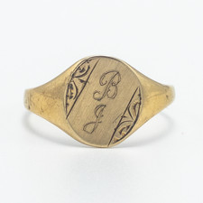 Vintage Engraved Letter “B” & "J" Oval Signet Ring 9ct Yellow Gold R 1/2