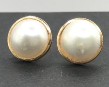 Mabe pearl stud earrings 9ct gold 12mm pearls, 15mm total, hallmarked, defects.