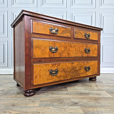 Antique Victorian Burr Walnut Chest Of 4 Drawers / Commode - Solid Mahogany Wood