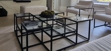 High-End Designer Black Square Multi Level Tiered Glass and Metal Coffee Table