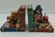 Vintage Bookends School House & Yellow School Bus Apples ABC Blocks Pencils