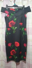 Debenhams  Off Shoulder Midi Bardot Wiggle Dress Red Roses On Black Unworn 12-14