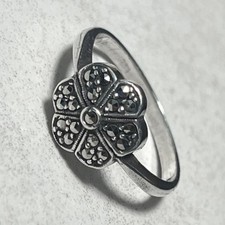 Vintage sterling silver marcasite stone floral ring UK band size O 1/2, c 1950's