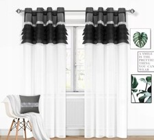 PAIR READY- MADE NET CURTAINS Diamante Sparkle JEWEL VOILE EYELET Black White