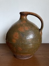 Redware ovoid terracotta  Bottle/Jug pitcher with handle beautiful spotty colour