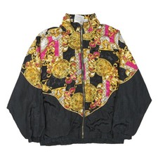 Womens Black & Pink Baroque Pattern Nylon Zip Jacket S Casual Light Outerwear