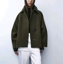 Dark Green Khaki  Wool Blend Short Coat Oversize Zara Size XS-S