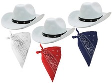 WHITE COWBOY HAT AND BANDANA WILD WEST FANCY DRESS COSTUME ACCESSORY SET