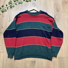 VINTAGE KNITTED COTTON JUMPER SIZE L RED GREEN BLUE STRIPED SWEATER 90s (GJ67)