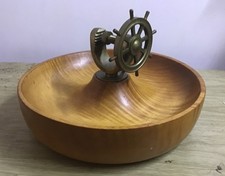 Vintage Turned Wooden Bowl with Brass Ships Wheel Nutcracker 27cm Dia Decorative