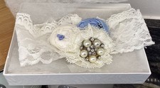 White & blue Brides Wedding Garter - lace with diamanté detail and box 