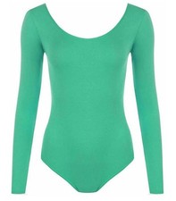 NEW WOMENS LADIES LONG SLEEVE PLAIN ROUND NECK BODYSUIT LEOTARD  TOP