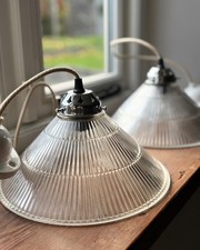 Original BTC, Holophane Prismatic Glass Pendant Lights x2 with Ceramic Rose