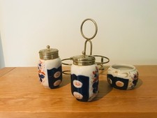 Antique Victorian Imari Porcelain Cruet Set with Brass Stand c1890s England