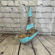 35cm Rustic Wooden Brown & Green Sailing Boat Nautical Ornament Sculpture Decor