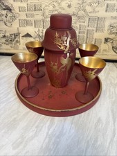 Antique Urushi WWII Japanese Lacquered Wood Cocktail Shaker Glasses Round Tray