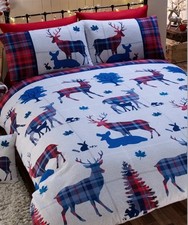Tartan Check Duvet Cover Cotton Flannelette Stag Quilt Bedding Set King Red Blue
