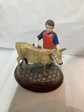 Unusual Farmer Type Guy Washing Cow Resin Type Sculpture On Wood Base Good Cond