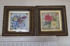 Pair Victorian Floral Oil Paintings On Glass Panel In Original Gilt Frame