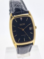 Vintage Zeon Men's Gold Tank Rectangular Watch Quartz Black Dial Leather Strap