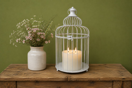 White bird cage candle - white, holder