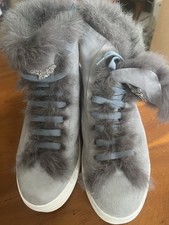Designer Aruna Seth Grey Boots With Fur Lining And Butterfly Decal, Size 7