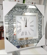 MIRROR CRUSHED DIAMOND SILVER CRUSHED CRYSTAL FILLED SPARKLY 30X30CM WALL CLOCK✨