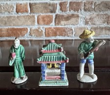 Vintage Chinese Mudmen Figurines & Pagoda, Hand-Painted Pottery, Miniatures Lot