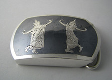STERLING SILVER BELT BUCKLE NIELLO DECOR Asia Siam Thailand c1940s Excel No Mono