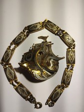Vintage Damascene Spanish Galleon Brooch  With Matching Bracelet