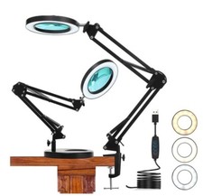 Black Magnifying Desk LED Lamp Clamp Base 8x 3 Colour 10 Levels Dimmable Swivel