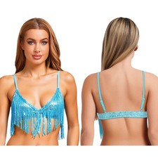 UK Womens Shiny Sequin Tassel Bra Tops Bralette Dancewear for Belly Dance Disco