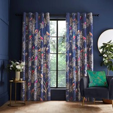 Sara Miller Smokey Birds Pair Lined Eyelet Velvet Curtains in Blue - 66 x 72"