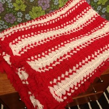 Vintage Red White Stripy Knitted Crochet Blanket Throw Bedspread