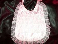ABDL PINK SATIN    SISSY BIB FRILLY LACE TRIMMED SATIN TIES PLASTIC BACKED