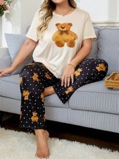 PYJAMA PLUS 18 20 22 24 26 28 BLACK IVORY TEDDY BEAR STRETCH LOUNGEWEAR COMFORT